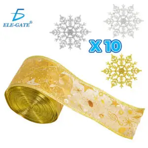 Listón Navideño Dorado Transparente con Motivos Navideños y 30 Adornos en Forma de Copo de Nieve Dorado, Plateado y Gris