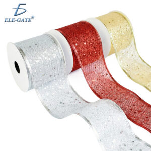 Listón Brilloso de Tela con Destellos – Dorado, Plateado y Rojo