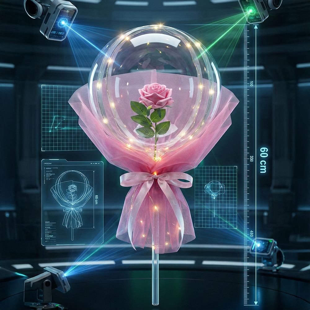 Ramo de Rosa Eterna con Globo Transparente y Luces LED Cálidas - Image 6