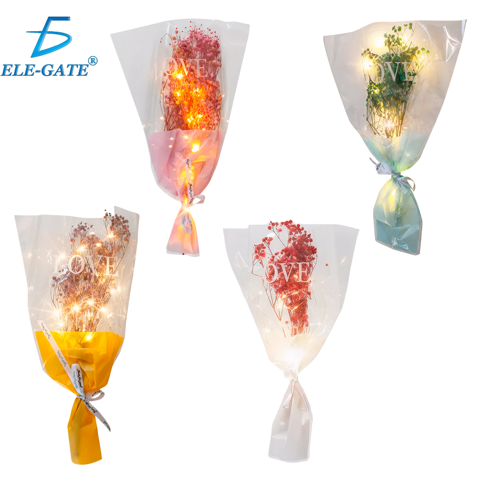 Ramo de Flores Secas con Luces LED Cálidas – Regalo Decorativo con Celofán y Pilas Incluidas