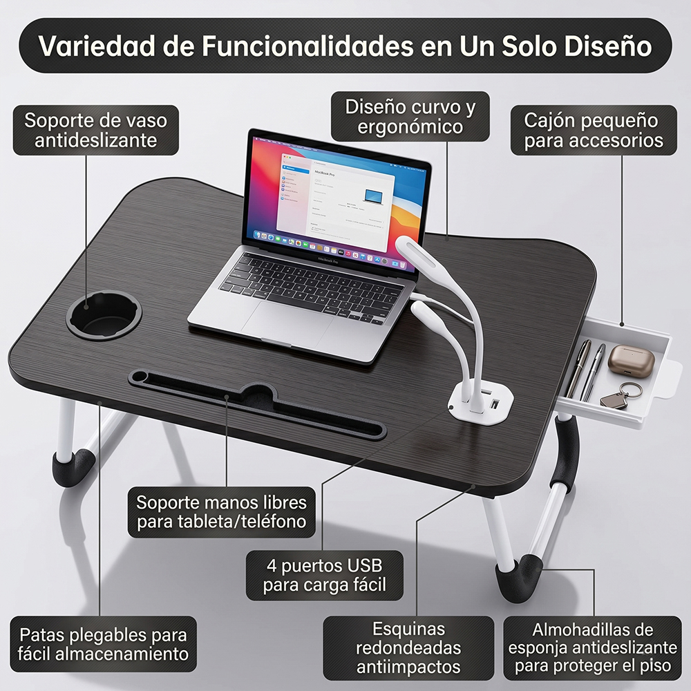 Mesa de Cama Plegable para Laptop 17” con USB, Lámpara, Ventilador y Cajón - Image 2