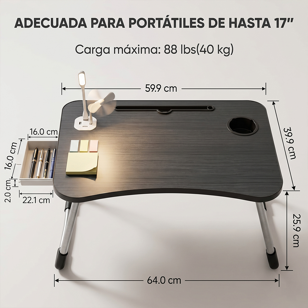 Mesa de Cama Plegable para Laptop 17” con USB, Lámpara, Ventilador y Cajón - Image 5