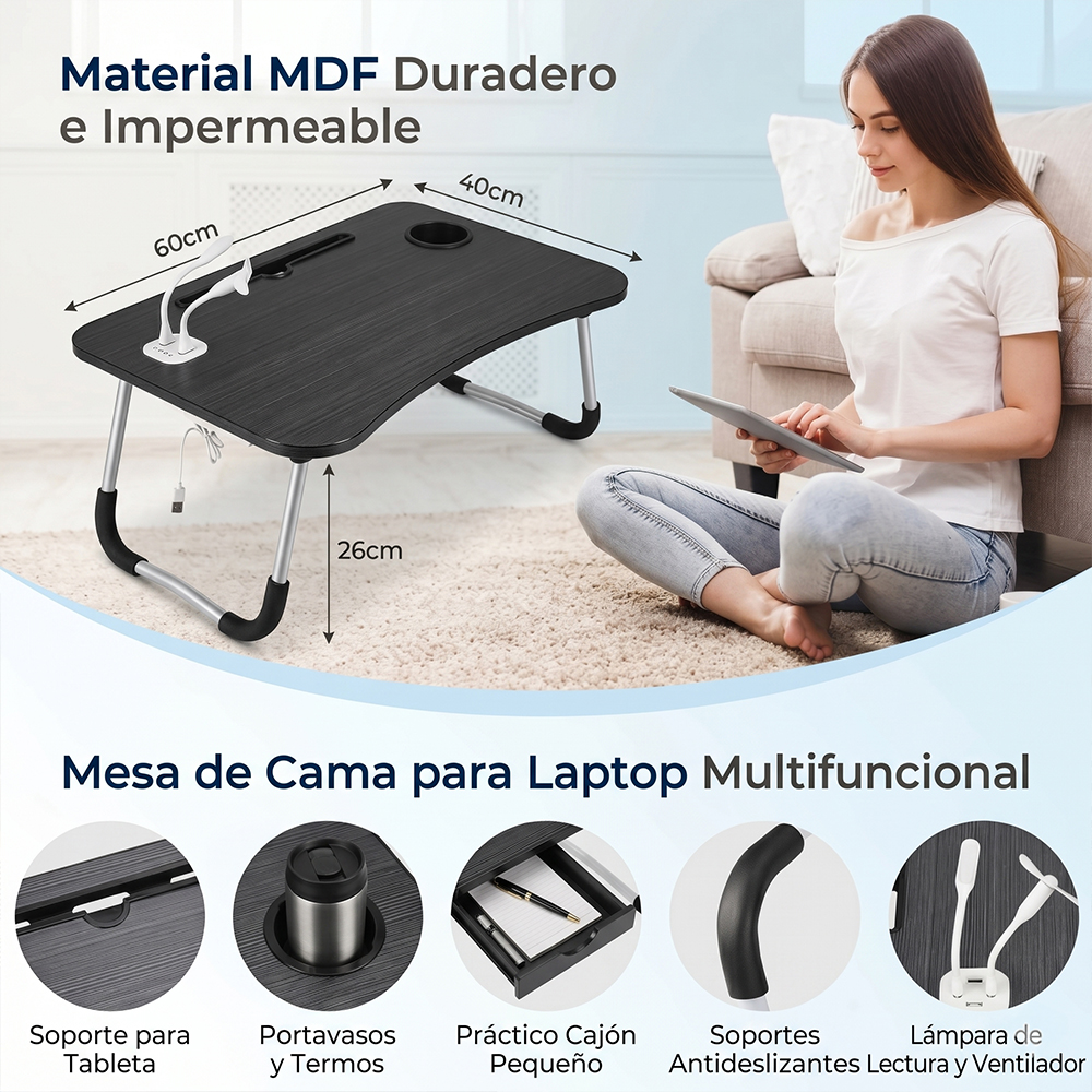 Mesa de Cama Plegable para Laptop 17” con USB, Lámpara, Ventilador y Cajón - Image 3