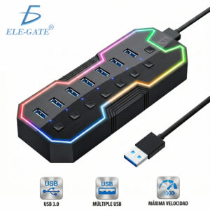 Hub USB 3.0 de 7 Puertos con Tira LED RGB e Interruptores Individuales