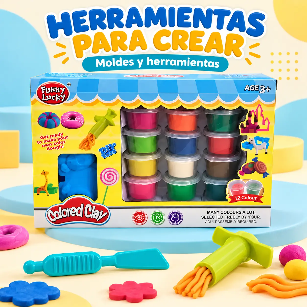 Caja de masa de colores con herramienta plana turquesa y extrusor verde – JUG.TIM.F018-143