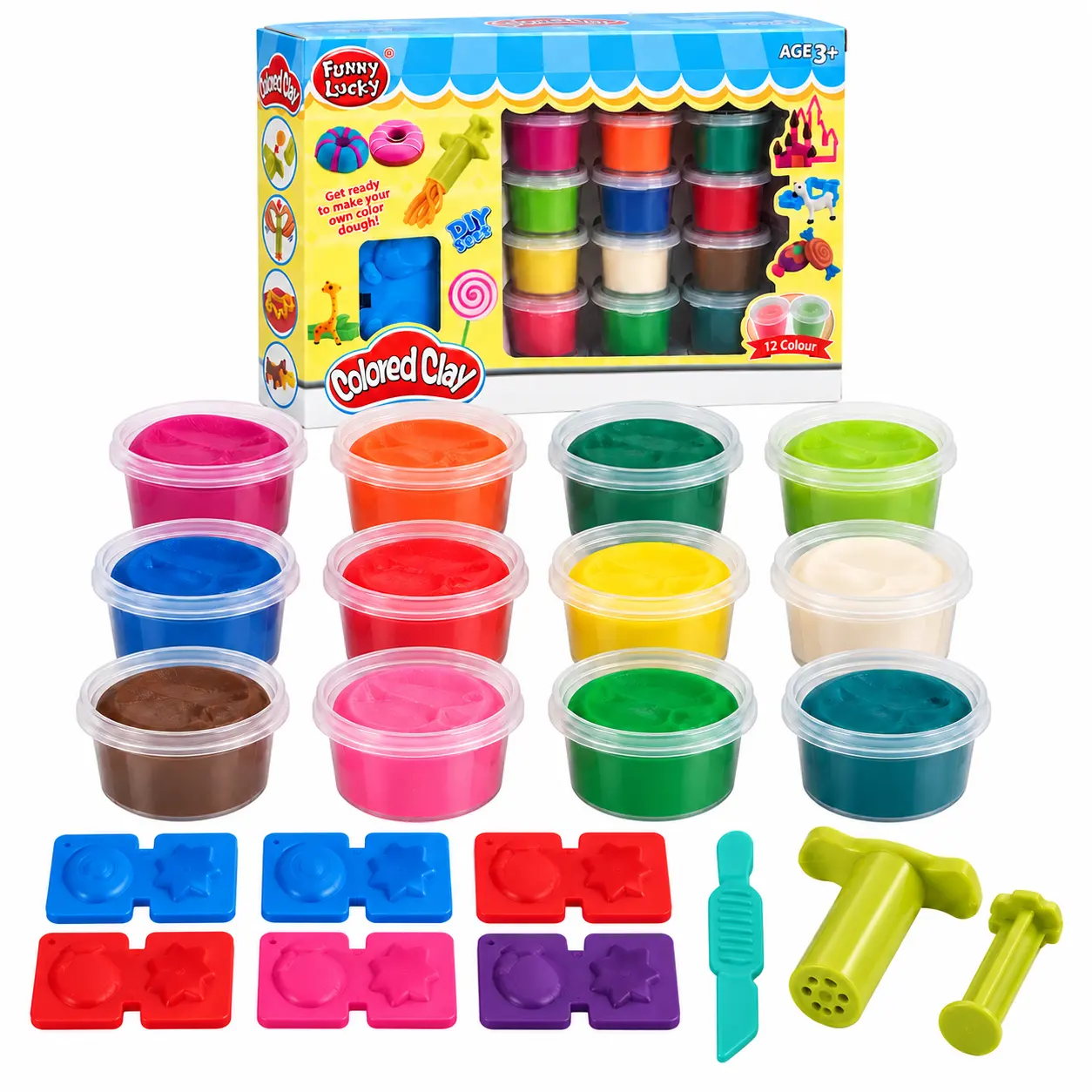 Set de 12 colores de plastilina Funny Lucky con moldes y herramientas sobre fondo blanco aislado – JUG.TIM.F018-143