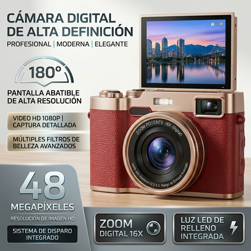 Cámara Digital Retro 48MP Full HD 1080P con Zoom Digital 16X Abatible 180° - Image 4