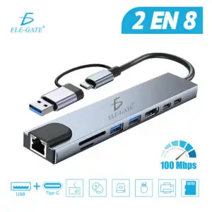 Hub USB-C 2 en 8 | HDMI 4K, RJ45, USB 3.0, SD/TF y PD 100W