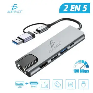 Hub USB-C 2 en 5 con RJ45, HDMI, USB 3.0, PD 100W y lector SD/TF