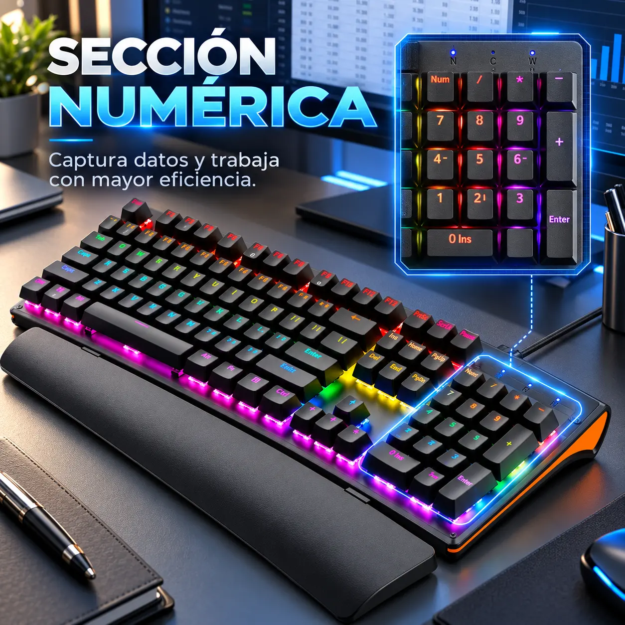 Teclado RGB ELE-GATE TC.17.P con detalle ampliado del teclado numérico en un escritorio