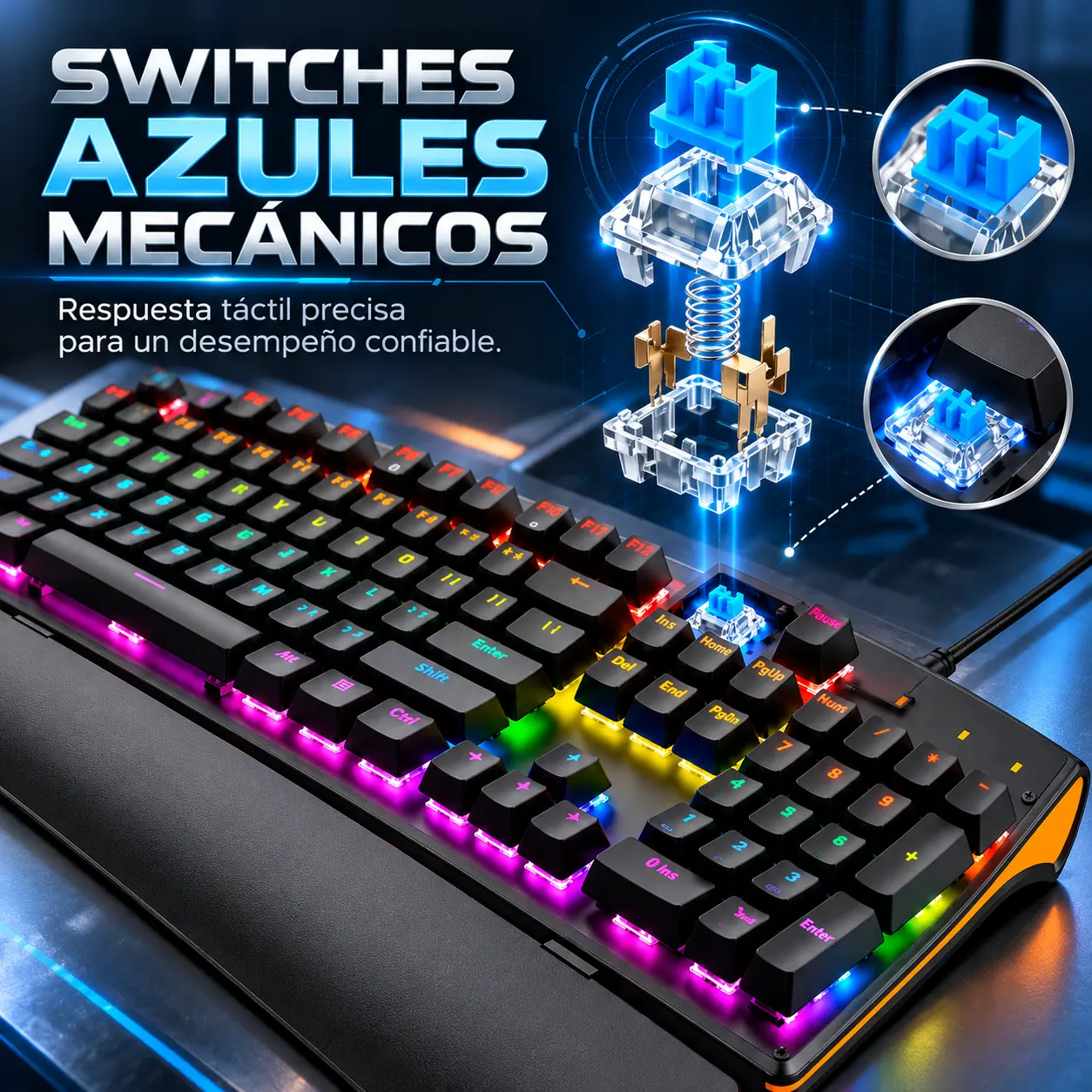Teclado RGB ELE-GATE TC.17.P negro con ilustración ampliada de un interruptor azul