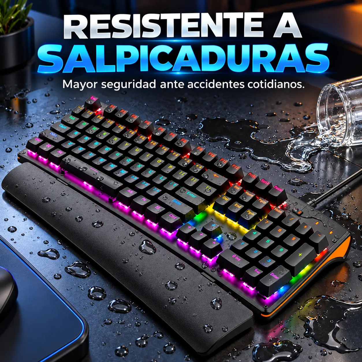 Teclado RGB ELE-GATE TC.17.P con reposamuñecas junto a un vaso derramado