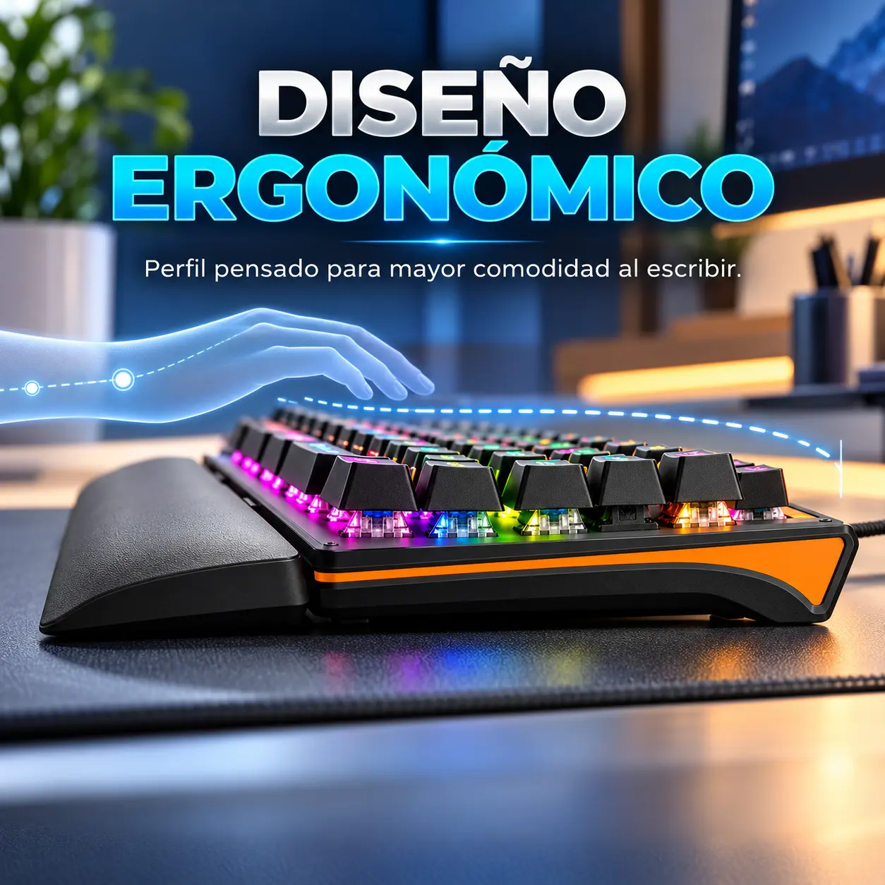Vista lateral del teclado RGB ELE-GATE TC.17.P con reposamuñecas y perfil de teclas