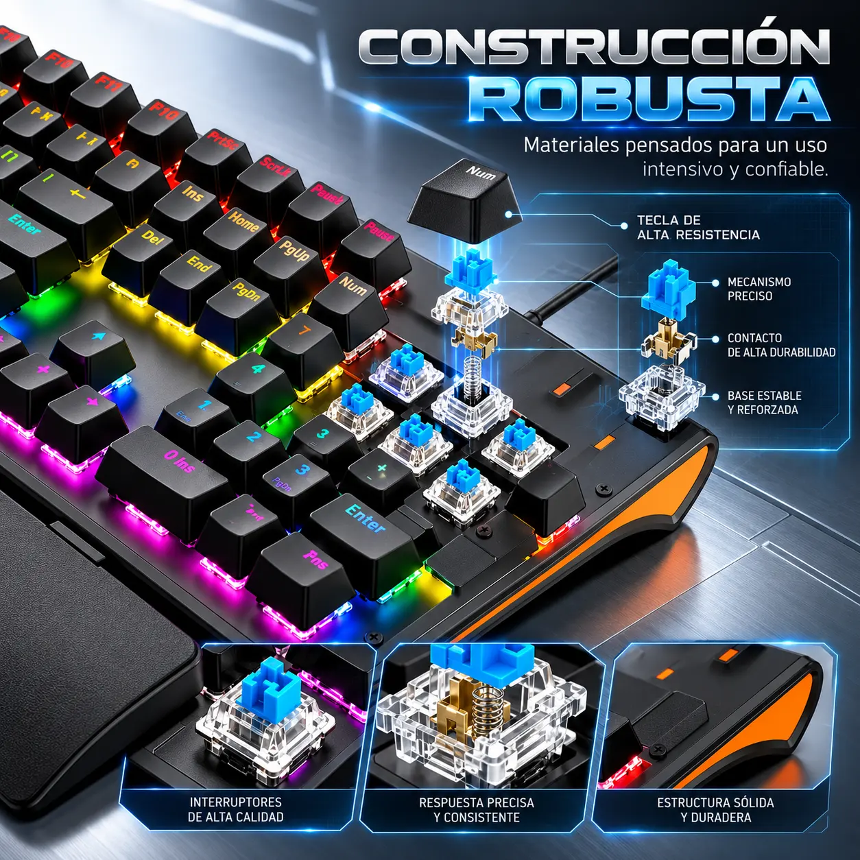 Detalle de teclas y estructura del teclado RGB ELE-GATE TC.17.P con ilustraciones del mecanismo