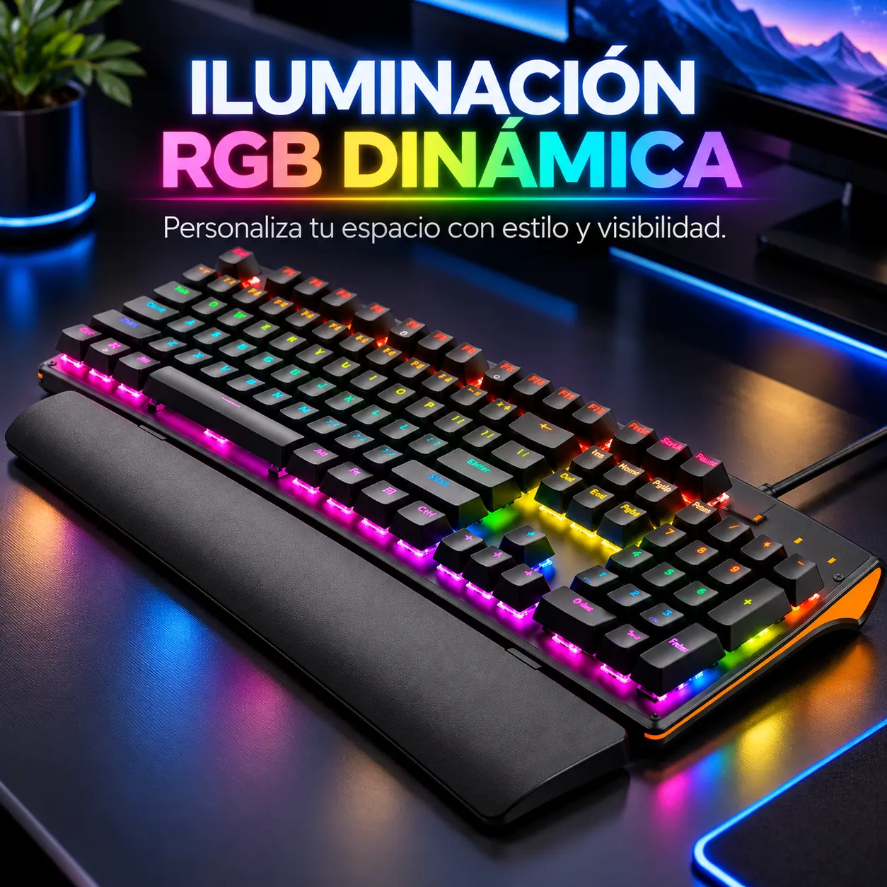 Teclado negro RGB ELE-GATE TC.17.P con iluminación multicolor sobre escritorio