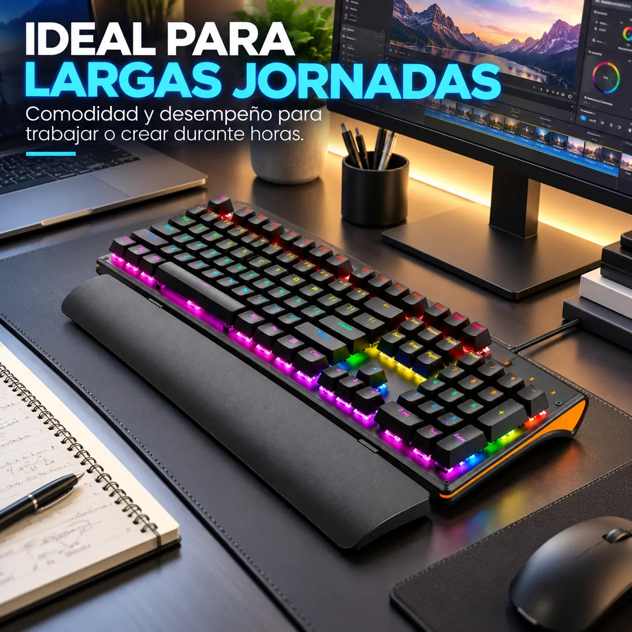 Teclado RGB ELE-GATE TC.17.P con reposamuñecas en escritorio con monitor y laptop