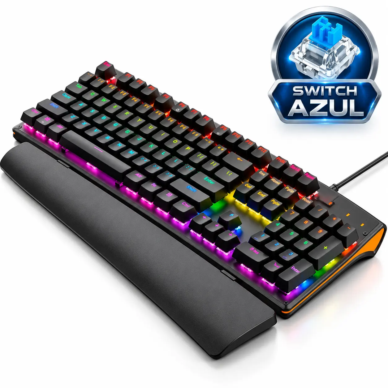 Teclado RGB negro ELE-GATE TC.17.P con teclado numérico y reposamuñecas sobre fondo blanco