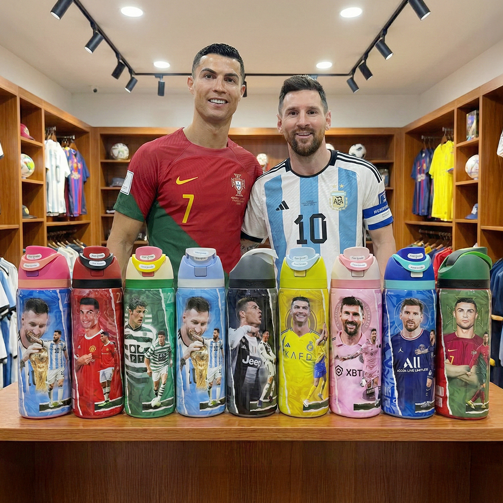 Botella Térmica Deportiva Messi y Cristiano Ronaldo 1000 ml – Acero Inoxidable con Popotes y Aislamiento 24 Horas