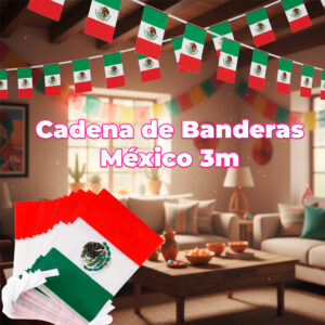 Cadena de Banderas de México 3 Metros 🇲🇽 | 10 Banderas de Tela Poliéster 15x20 cm