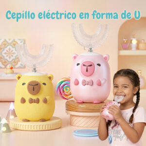 Cepillo de Dientes Eléctrico Infantil Capibara, Cepillo Dental Automático para Niños con 2 Cabezales, Cabezal en U y Suave, Limpieza 360°, Temporizador 59 Segundos, Recargable USB, IPX7