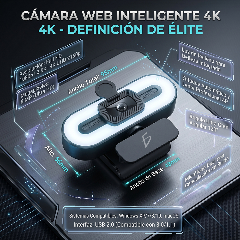 Cámara Web 2K Ultra HD Tipo C+USB con Luz de Relleno Enfoque Automático - Image 7