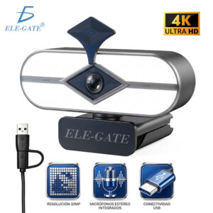 Cámara Web USB 4K Type-C+USB con Luz LED Micrófono Dual Tapa de Privacidad y Plug & Play