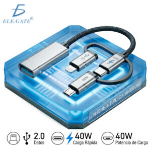 Cable 3 en 1 USB 2.0 a Tipo C Lightning y Micro USB 40W Carga Rápida