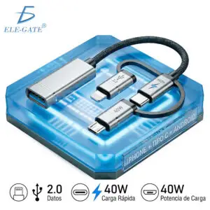 Cable 3 en 1 USB 2.0 a Tipo C Lightning y Micro USB 40W Carga Rápida