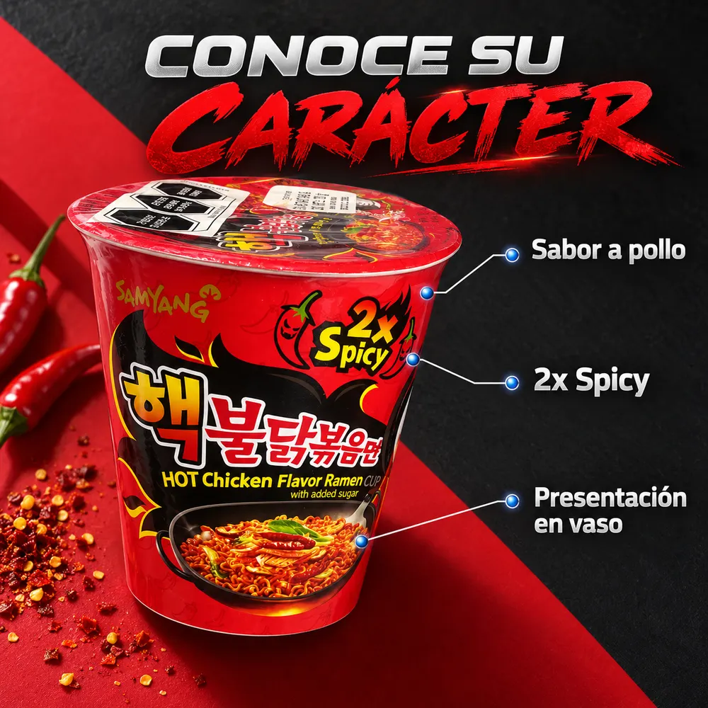 Ramen Buldak 2x Spicy sabor a pollo en vaso - Imagen 4