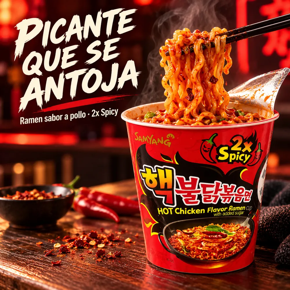 Ramen Buldak 2x Spicy sabor a pollo en vaso - Imagen 3