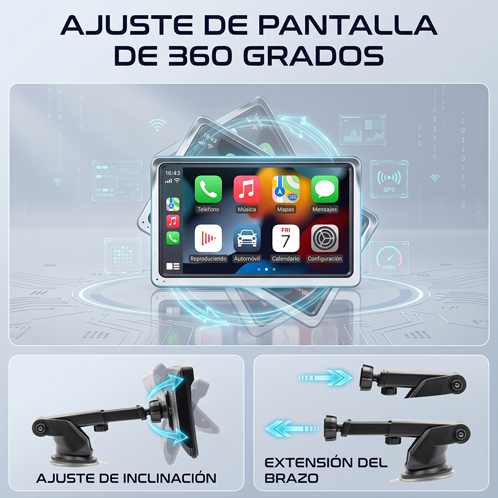 Pantalla CarPlay y Android Auto Inalámbrica 7” Universal para Auto Bluetooth 5.1 WiFi 6 GPS Multimedia - Image 5