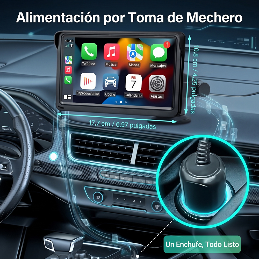 Pantalla CarPlay y Android Auto Inalámbrica 7” Universal para Auto Bluetooth 5.1 WiFi 6 GPS Multimedia - Image 4