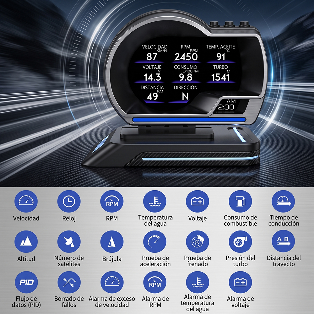Medidor OBD2 + GPS con pantalla digital, 9 interfaces, alarmas de velocidad, RPM, voltaje, temperatura, luz ambiental y monitoreo en tiempo real. - Image 2