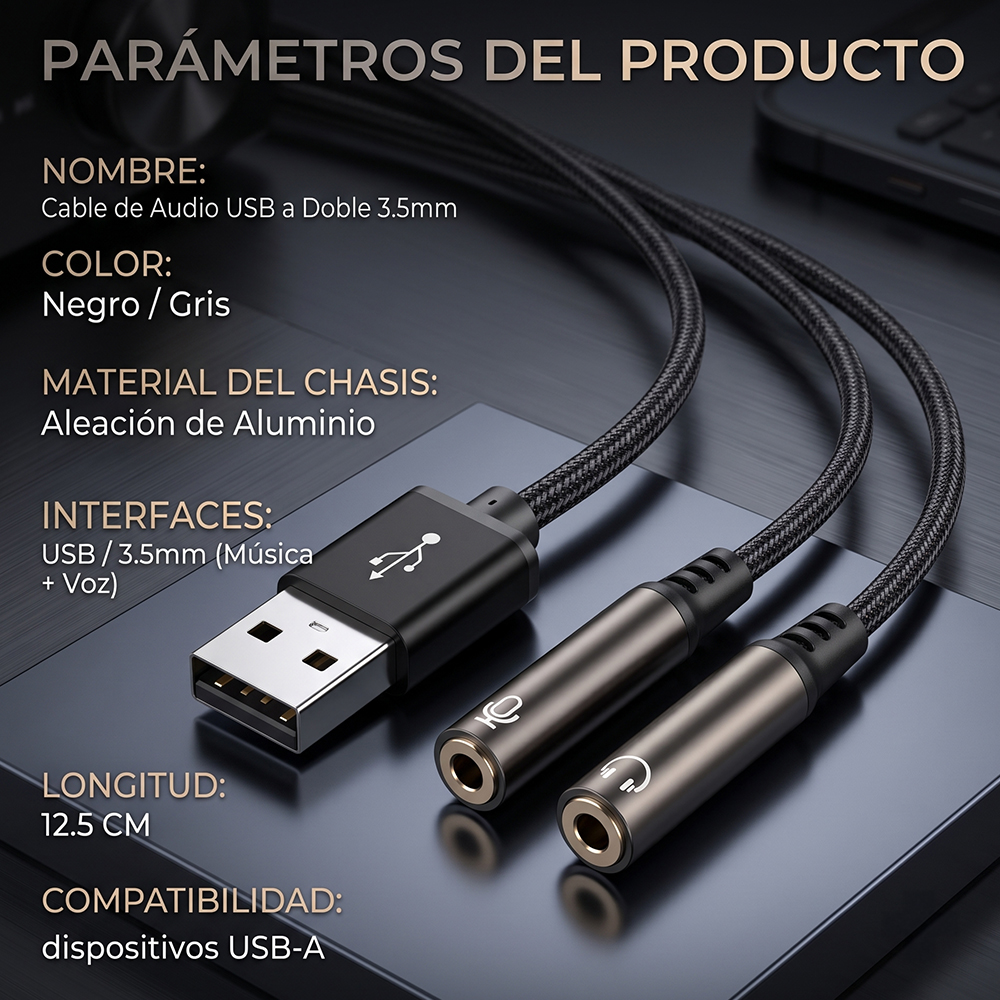 Cable Adaptador de Audio USB-A a Doble 3.5mm para Auriculares y Micrófono | Sonido HiFi, Voz Clara, Trenzado Reforzado - Image 4