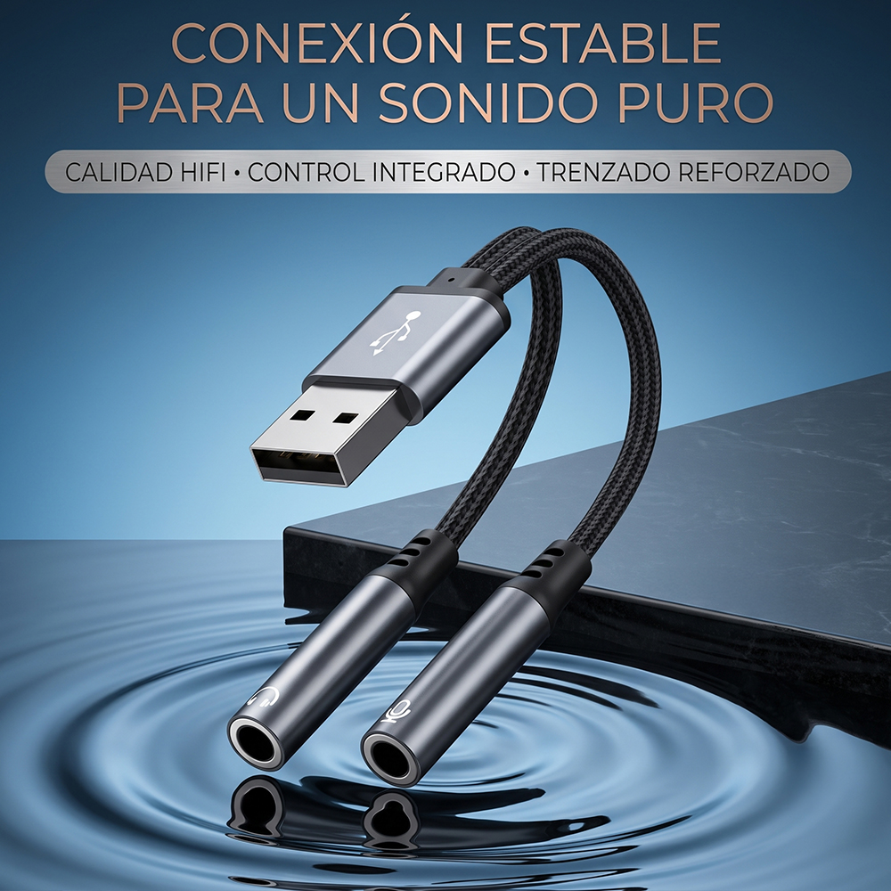 Cable Adaptador de Audio USB-A a Doble 3.5mm para Auriculares y Micrófono | Sonido HiFi, Voz Clara, Trenzado Reforzado - Image 3