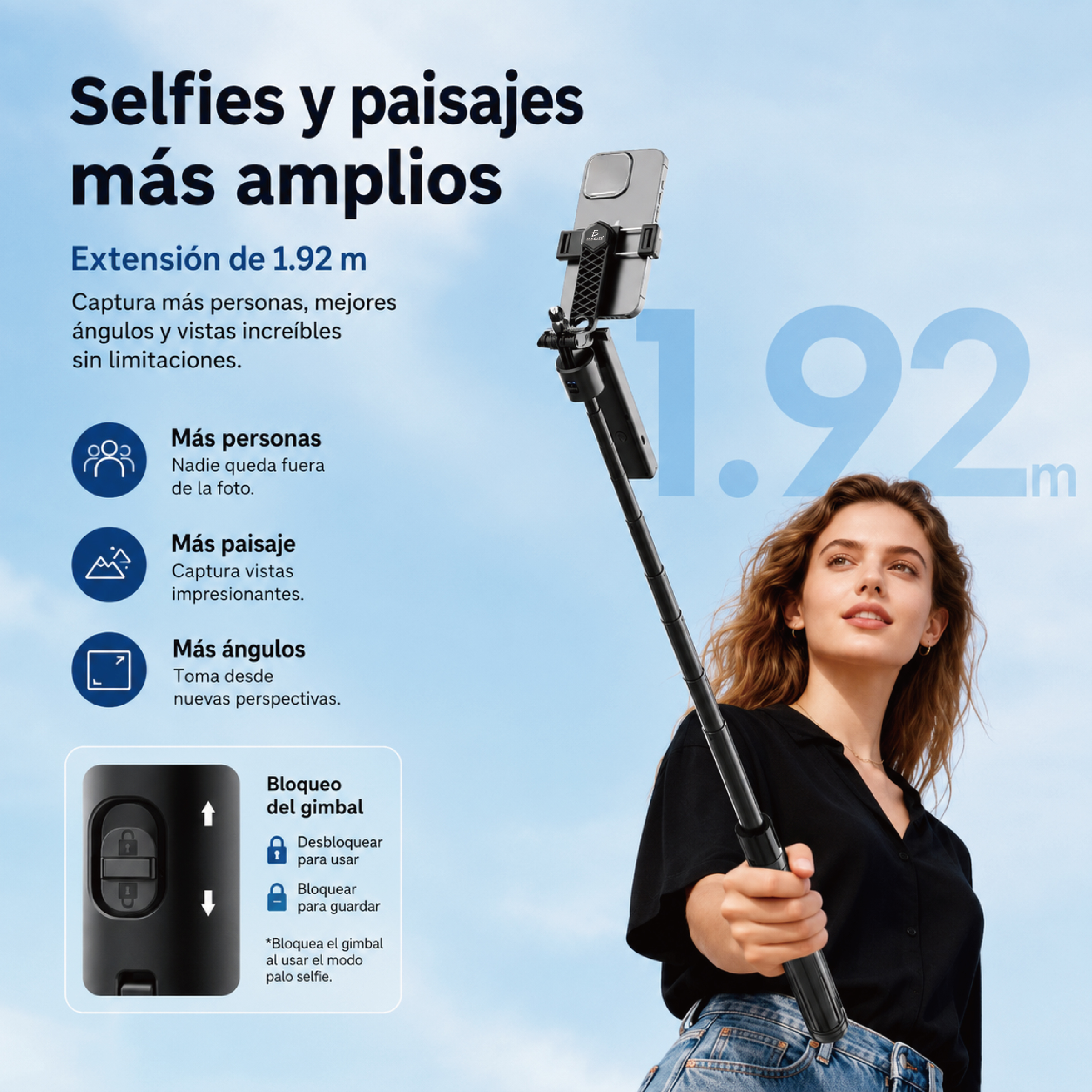 Palo Selfie Trípode Inteligente 1.92 m con Seguimiento IA Control por Gestos Bluetooth 5.4 y Rosca Universal 1/4” - Image 6