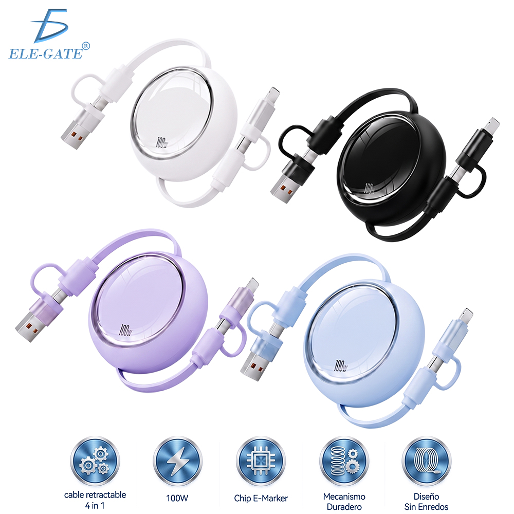 Cable 100W Retráctil 4 en 1 USB-A Type-C y Lightning