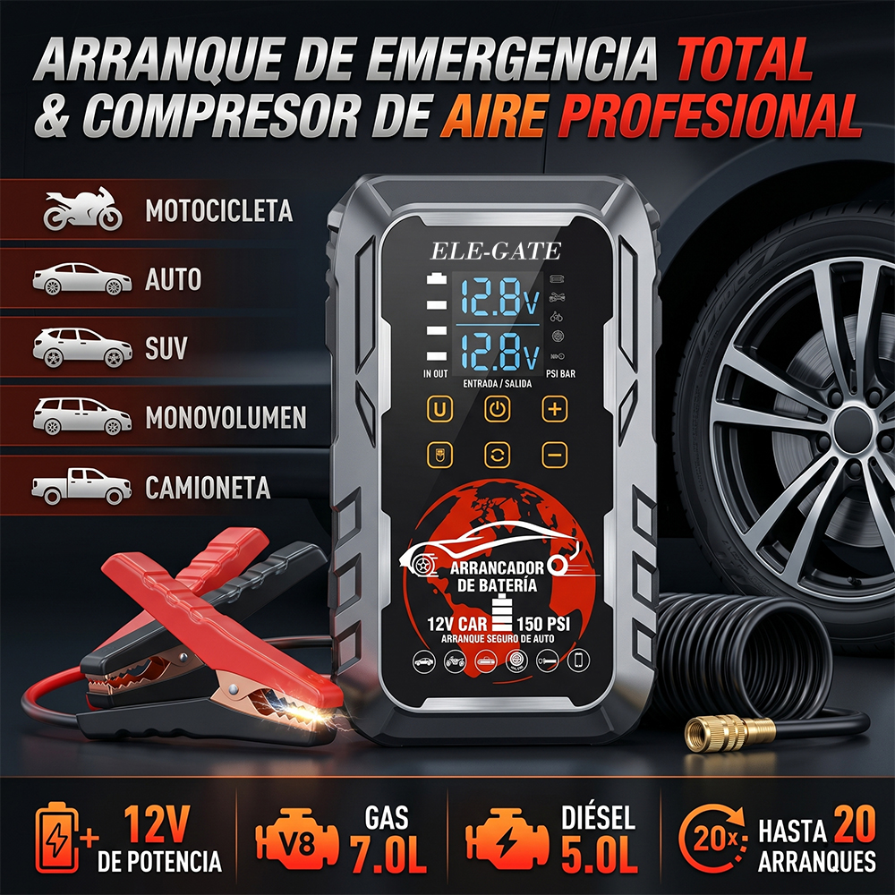 Inflador 150 PSI y Arrancador de Batería 12V ELE-GATE Maxipoder - Image 2