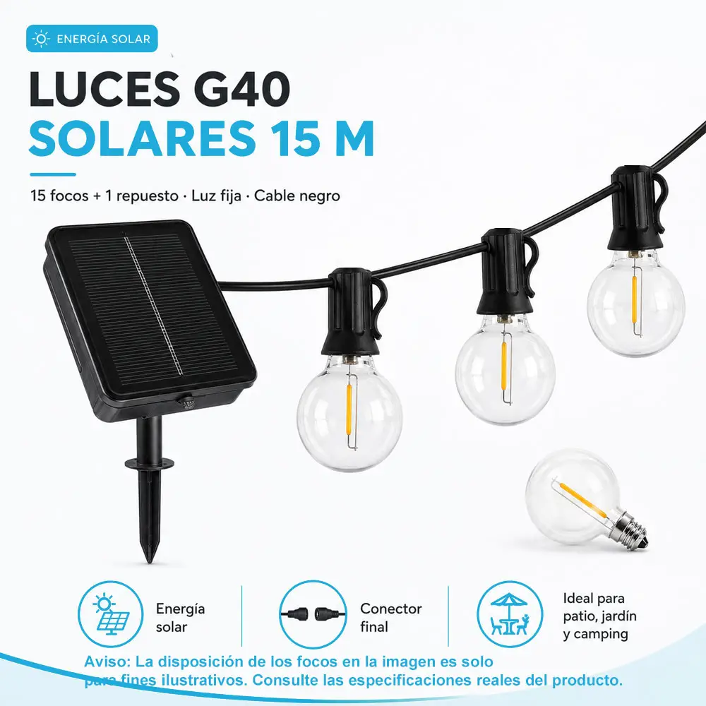 Guirnalda solar G40 de 15 m con 15 focos y 1 de repuesto, luz cálida - Imagen 2