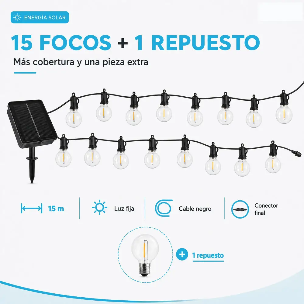 Guirnalda solar G40 de 15 m con 15 focos y 1 de repuesto, luz cálida - Imagen 4