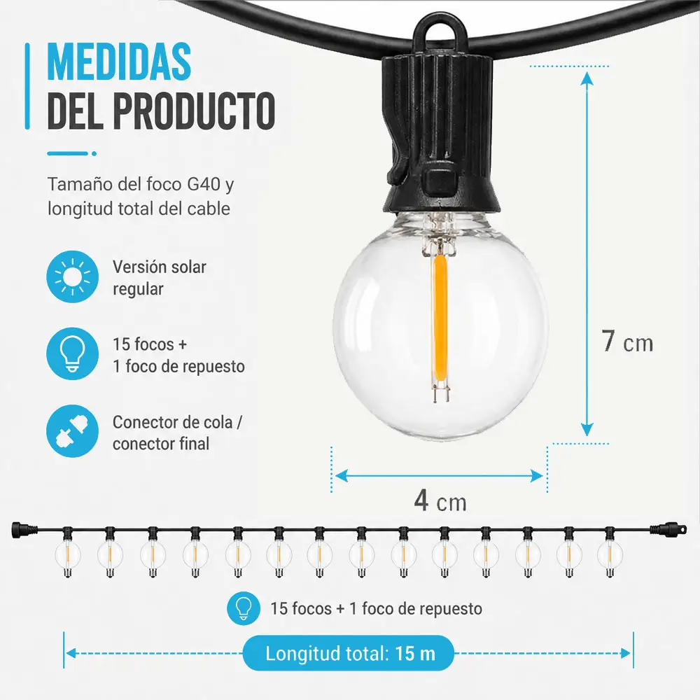 Guirnalda solar G40 de 15 m con 15 focos y 1 de repuesto, luz cálida - Imagen 5