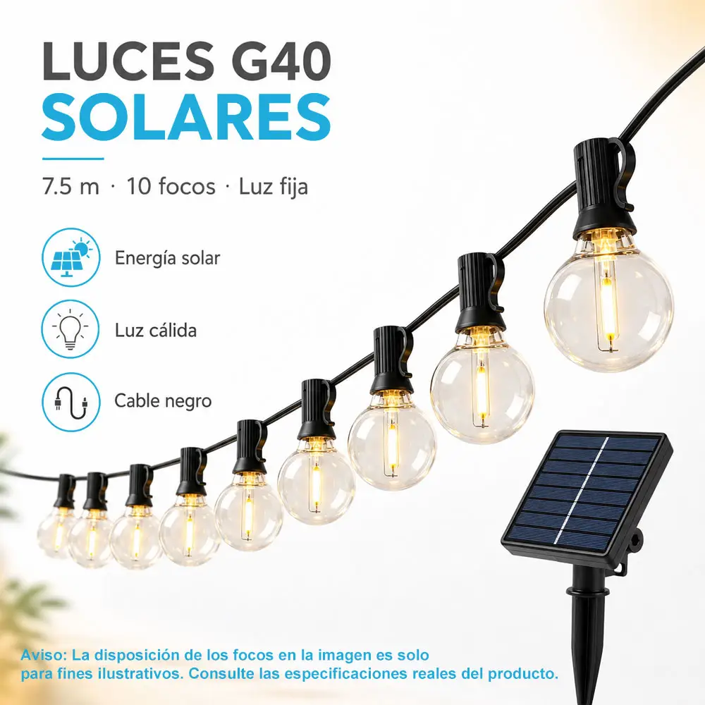 Guirnalda solar G40 de 7.5 m con 10 focos, luz cálida y encendido automático - Imagen 2