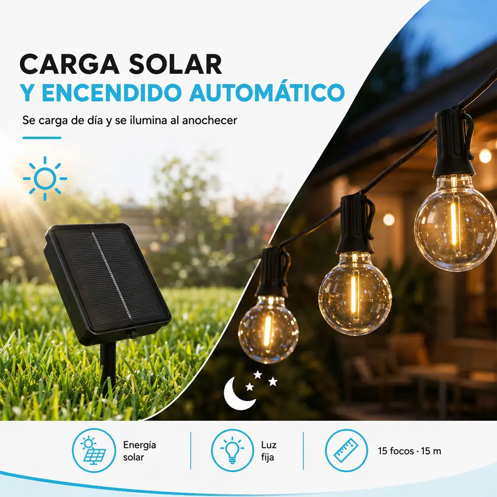 Guirnalda solar G40 de 7.5 m con 10 focos, luz cálida y encendido automático - Imagen 3