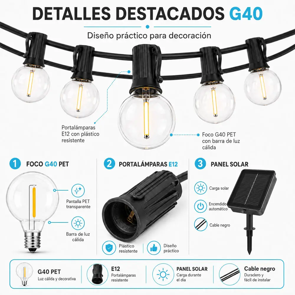Guirnalda solar G40 de 7.5 m con 10 focos, luz cálida y encendido automático - Imagen 4