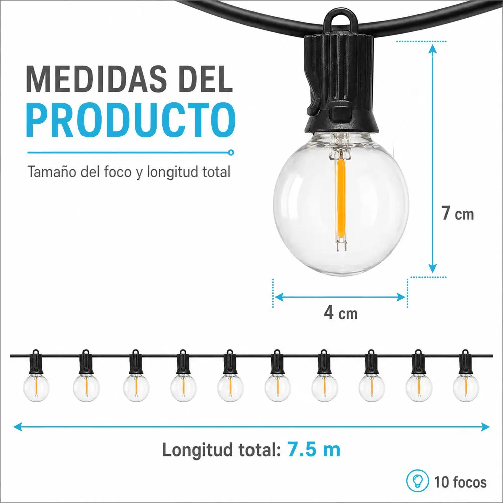 Guirnalda solar G40 de 7.5 m con 10 focos, luz cálida y encendido automático - Imagen 5