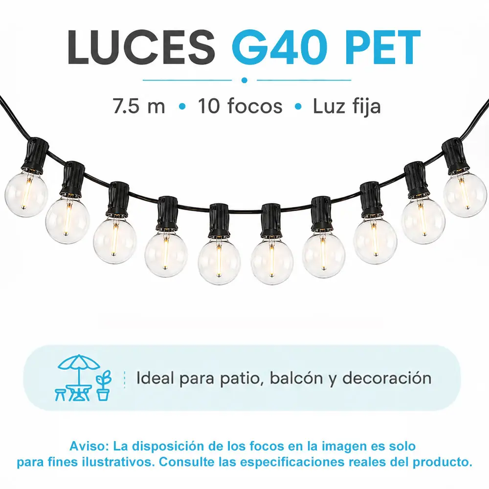 Guirnalda G40 de 7.5 m con 10 focos, luz cálida fija y conexión a 110 V - Imagen 3