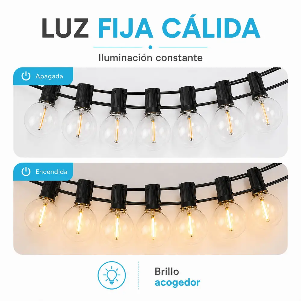 Guirnalda G40 de 7.5 m con 10 focos, luz cálida fija y conexión a 110 V - Imagen 4
