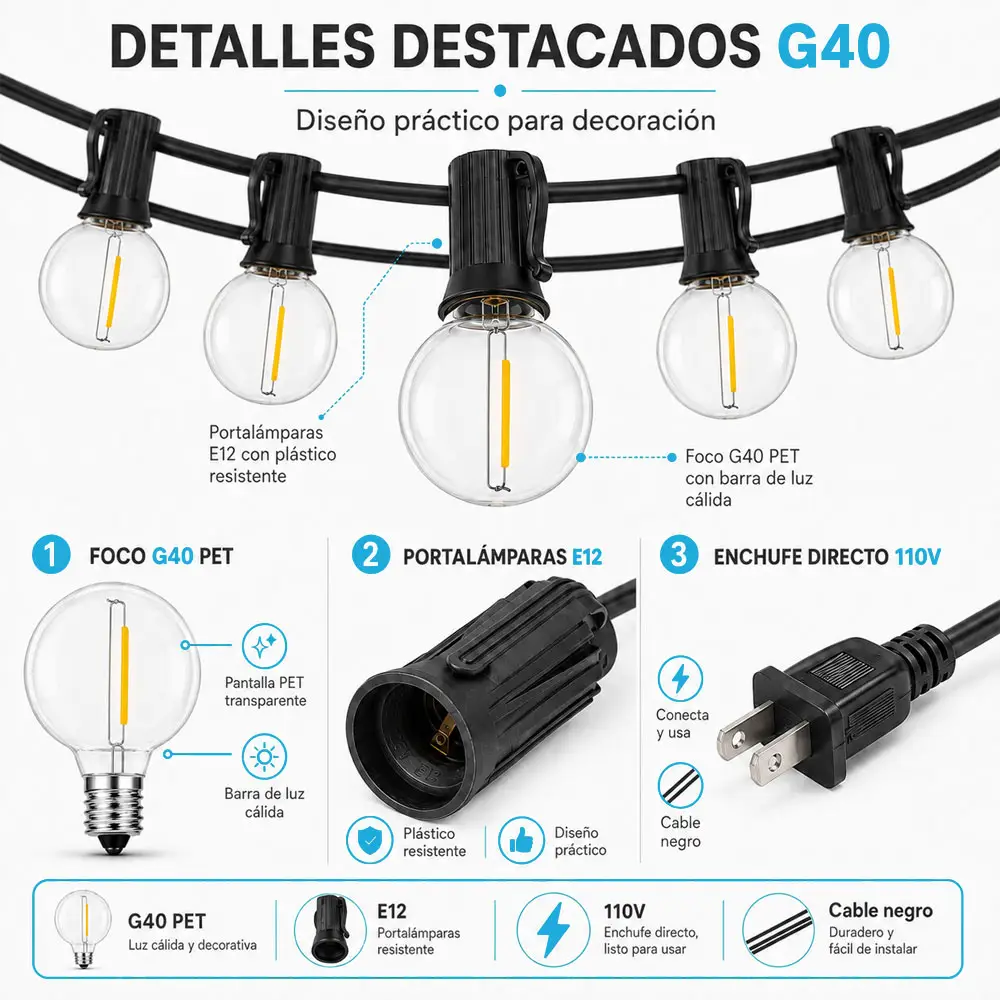 Guirnalda G40 de 7.5 m con 10 focos, luz cálida fija y conexión a 110 V - Imagen 2