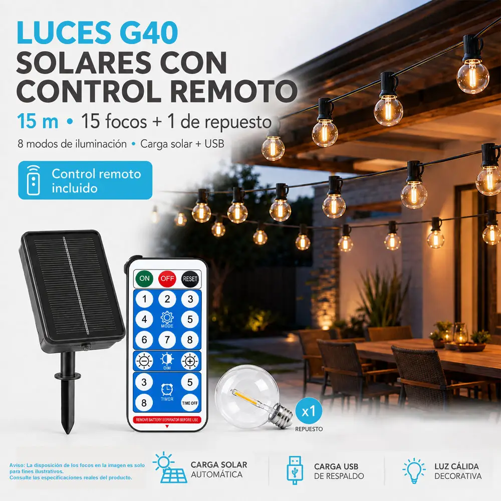 Guirnalda solar G40 de 15 m con 15 focos y control remoto, luz cálida - Imagen 2