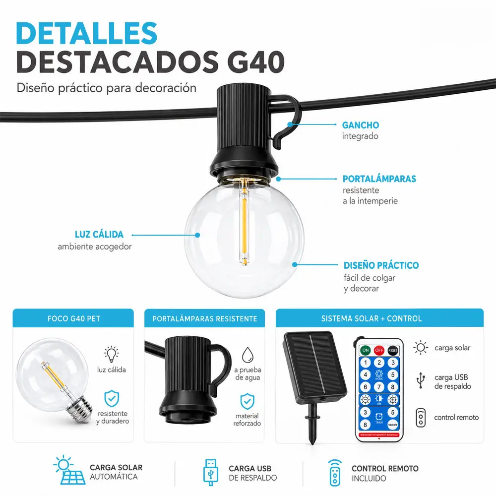 Guirnalda solar G40 de 15 m con 15 focos y control remoto, luz cálida - Imagen 3